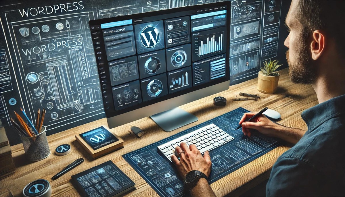 Ein Designer arbeitet an einem Computer mit geöffnetem WordPress-Dashboard, das Theme-Anpassungen, Layout-Einstellungen und Designelemente anzeigt.