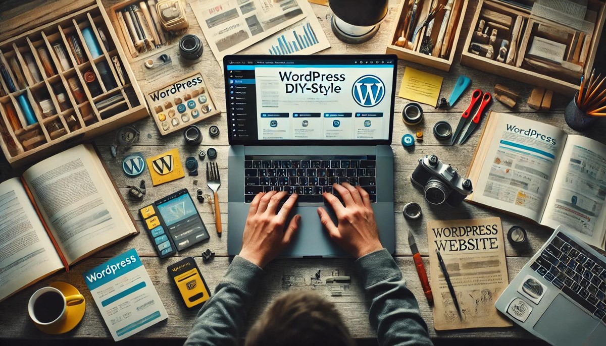 Eine Person arbeitet an einer WordPress-Website im DIY-Stil. Der Laptop zeigt das WordPress-Dashboard mit verschiedenen Plugins und Tools, während Notizen und Referenzmaterialien um den Arbeitsplatz verteilt sind.
